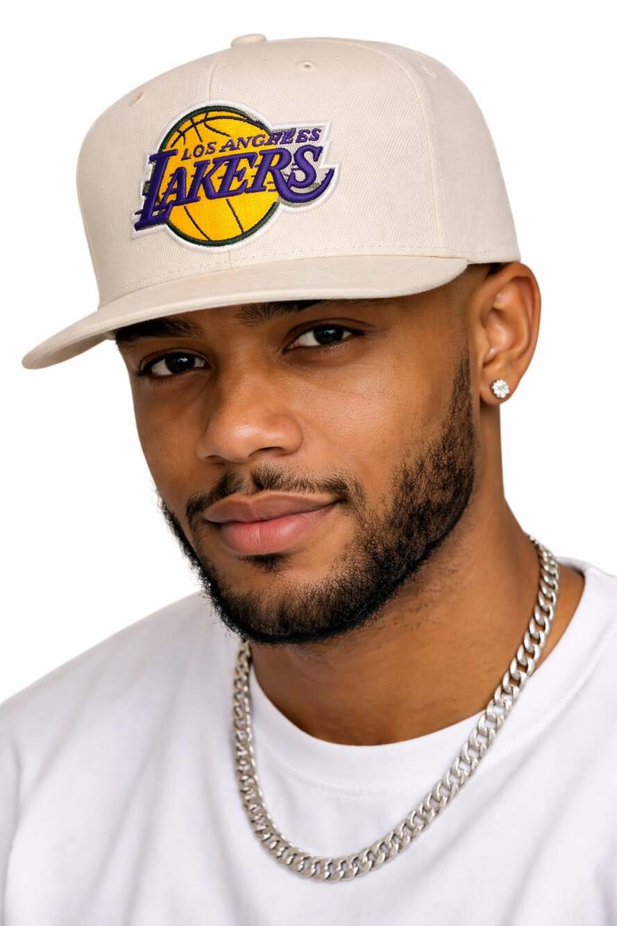 Mitchell & Ness Los Angeles Lakers Off White Snapback Hat with Camo Underbill